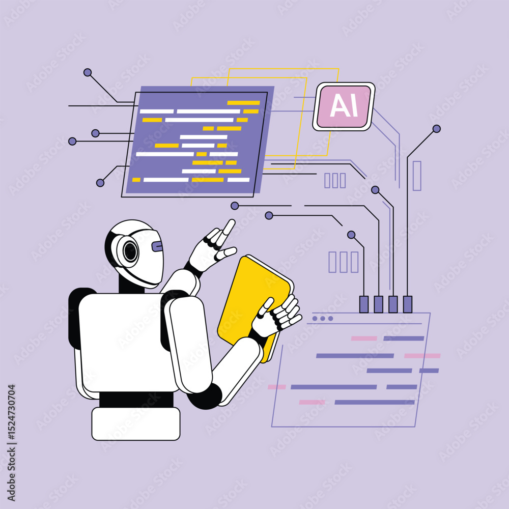 Poster a white robot holds a yellow device amid diagrams lines and computerstyle visual elements