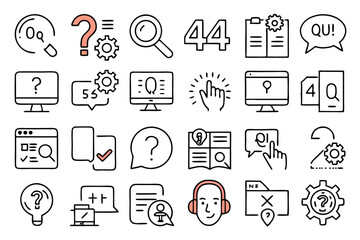 Collection of line icons depicting query question ask help and conference concepts isolated on transparent background