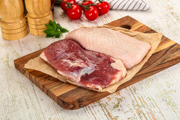 Raw duck breast over board