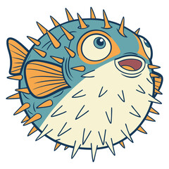 Colorful vector graphic of a pufferfish (Tetraodontidae), depicted slightly inflated with visible spines and a curious, stylized expression. Ideal for unique or humorous aquatic designs.
