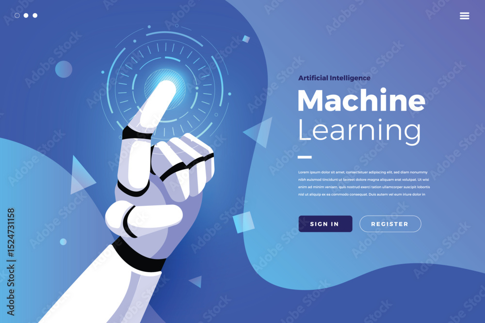 Poster ai machine learning design a robotic hand interacts with tech interface on a blue gradient backgroun