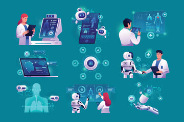 AI in medicine doctors use AI tech like robots scanners tablets laptops for diagnosis and treatment