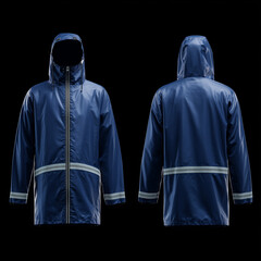 mock up raincoat top , deep blue raincoat, large zipper detail and reflective stripes, front view and back view, smooth material texture, solid black background, ai generated images.