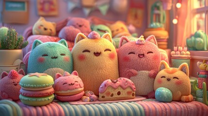 Obraz premium Colorful collection of soft stuffed animals arranged playfully together creating a whimsical and charming display of cuddly toys evoking nostalgia and childhood bliss