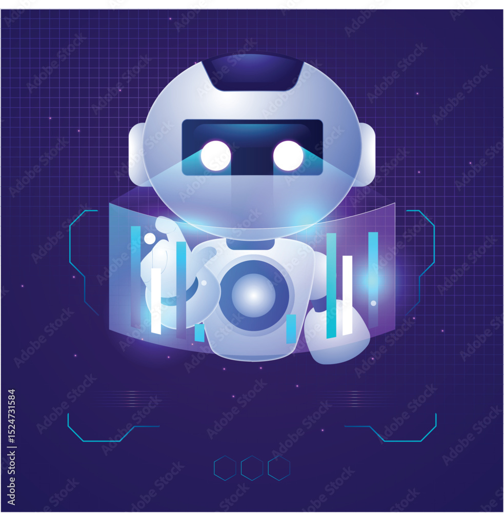 Poster animated robot interacting with a virtual screen in a futuristic gridfilled environment