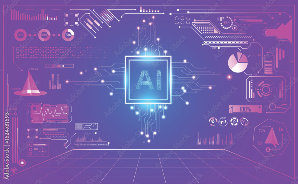 Poster an ai interface featuring various readouts graphs data points against a purple gradient background w
