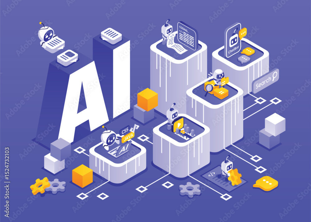 Poster isometric illustration of ai concept with robots coding chatbots on a blue background