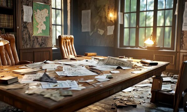 Desk covered in papers in old office