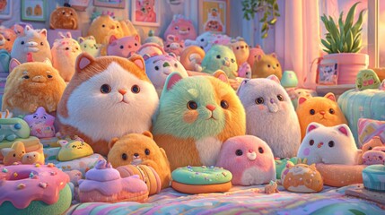 Obraz premium A group of adorable stuffed animals gathered together in a playful arrangement creating a whimsical and joyful scene that invites cuddles and happiness for children