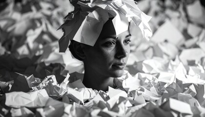 Human Head Silhouette with Crumpled Paper: Symbol of Chaotic Mind