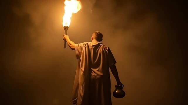 Dramatic Low Angle Silhouette of Gideon a Biblical Figure Holding a Torch and Pitcher at Sunset in 4K Ultra HD