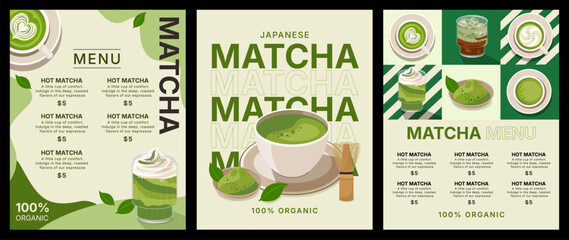 vector illustration of matcha green tea, cafe shop, background and banner template design, food and drink concept, poster and promotion