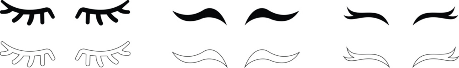 set of closed eyes beautiful face, eyebrows and eyelashes, lashes extensions. Element design. Beauty studio logo. Linear vector in trendy minimalist style. makeup symbols on transparent background.