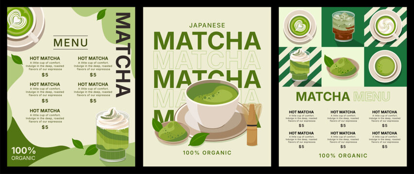 vector illustration of matcha green tea, cafe shop, background and banner template design, food and drink concept, poster and promotion