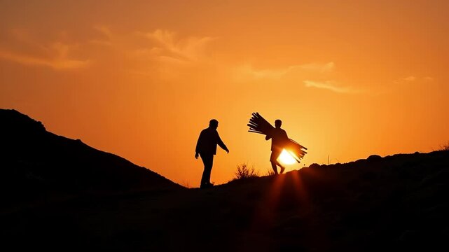 A 4K cinematic silhouette of a young Isaac diligently carrying firewood uphill following his father a powerful depiction of family duty and tradition against a breathtaking landscape