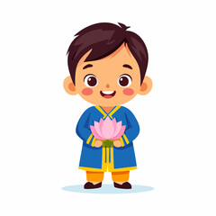 Minimal flat vector of a joyful little Sri Lankan boy in traditional clothing holding a lotus flower, representing innocence and cultural pride