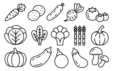 Collection of simple outline illustrations of various fresh vegetables