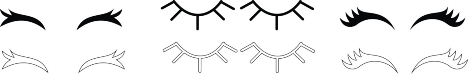 set of closed eyes beautiful face, eyebrows and eyelashes, lashes extensions. Element design. Beauty studio logo. Linear vector in trendy minimalist style. makeup symbols on transparent background.