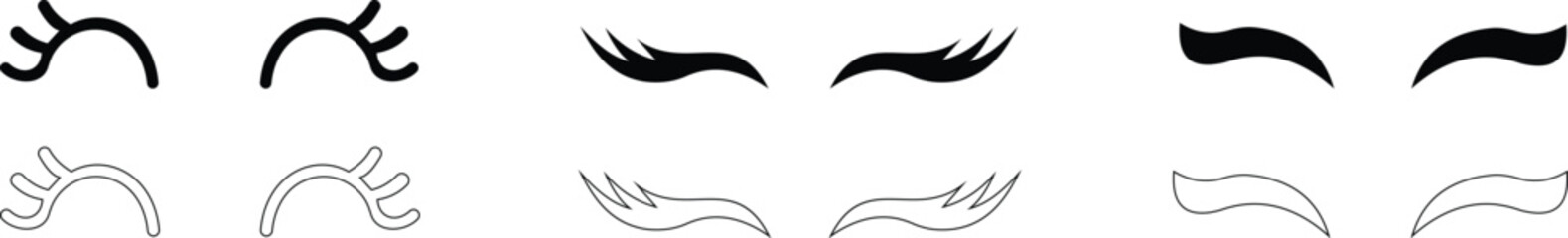 set of closed eyes beautiful face, eyebrows and eyelashes, lashes extensions. Element design. Beauty studio logo. Linear vector in trendy minimalist style. makeup symbols on transparent background.