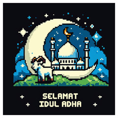 Greeting Poster Graph with Pixel Art Style on Eid Celebration: Qurban Night in Pixel World: Eid Adha Vibes with Goat, Stars, and Minarets