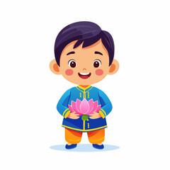 Minimal flat vector of a cute little Sri Lankan boy dressed traditionally, smiling and holding a lotus flower, symbolizing culture and innocence
