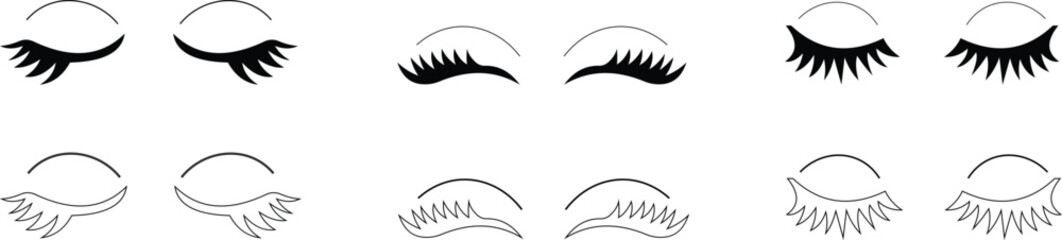 set of closed eyes beautiful face, eyebrows and eyelashes, lashes extensions. Element design. Beauty studio logo. Linear vector in trendy minimalist style. makeup symbols on transparent background.