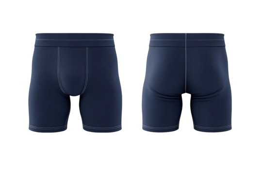 Dark navy blue athletic shorts, front and back views
