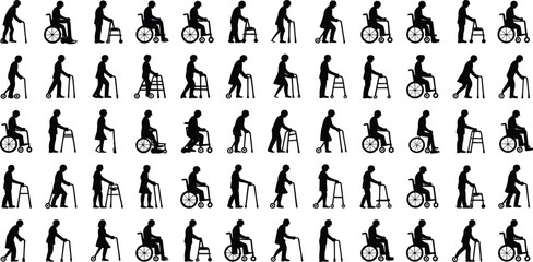 Silhouette vector of elderly people with walkers, wheelchairs, canes, healthcare assistance, mobility aid, disabled seniors, rehabilitation support, black figures