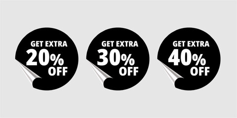Set of three black round stickers with curled edges, advertising 