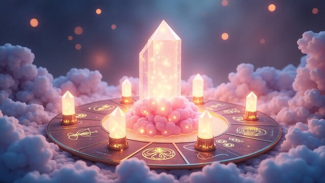 Mystical Crystal and Zodiac Signs A Dreamlike 3D Render of Celestial Energy and Spiritual Enlightenment