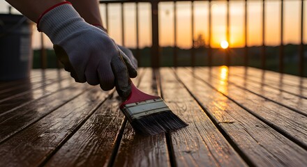 Sunset Deck Staining: Hands Applying Wood Stain at Golden Hour