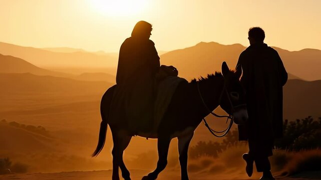 Joseph Silhouetted Guiding Donkey Mary Long Journey Biblical Scene 4k Cinematic Sunset Desert Landscape