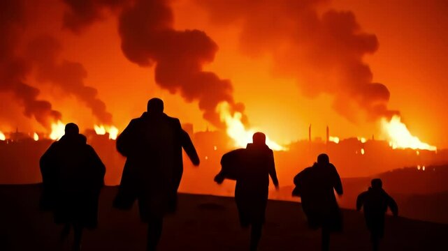 Dramatic 4K Low Angle Silhouette of Lot and his Family Fleeing a Burning City Escape Biblical Story Exodus Destruction Fire