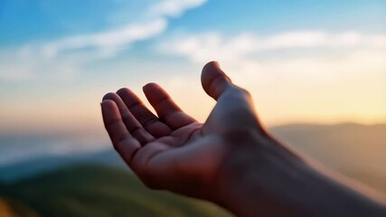 Open hand silhouette reaching toward the sun, spiritual connection with sky, sunlit horizon and mountains in the distance, hope concept - Powered by Adobe