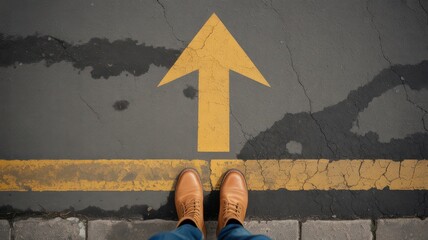 A pair of shoes on wet pavement face a yellow arrow pointing forward, symbolizing a moment of choice, progress, or personal journey. Top-down view with gritty urban texture and boundary line.