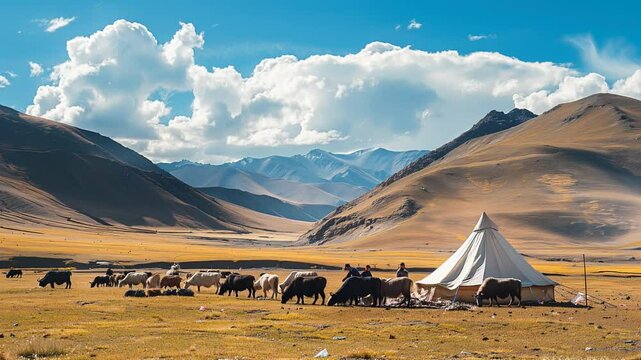 daily life of Tibetan nomads, depicting scenes of yak herding, tent-dwelling, and nomadic migration across the vast Tibetan plateau.