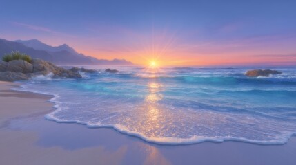 Fototapeta premium Serene Sunset Beach Ocean Waves Sandy Shore Coastal Landscape