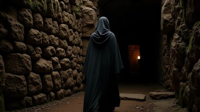 Mary Magdalene Silhouette Approaching Dark Tomb Entrance Illuminated by Light 4K Footage