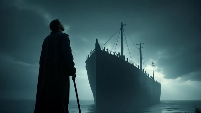 Noahs Ark Silhouette Dramatic 4K Slow Motion Rain Biblical Story Cinematic Atmosphere