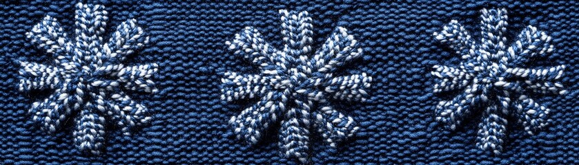Three embroidered snowflake designs on dark blue fabric.