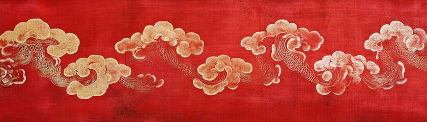 Traditional cloud pattern on red background, artistic design, ornamental textile.