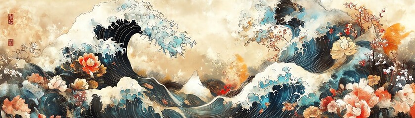 Traditional wave and flower painting, artistic expression on textured canvas.