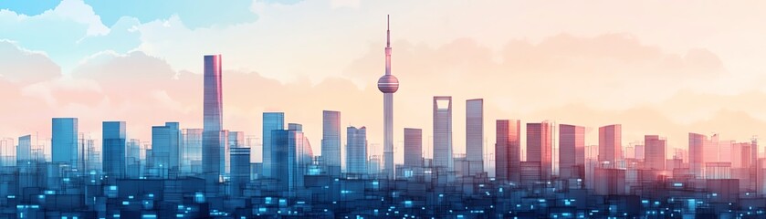 Urban skyline at sunset with modern buildings and a tower silhouette.