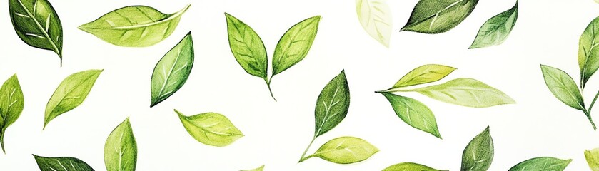 Various green leaves on a white isolated background.
