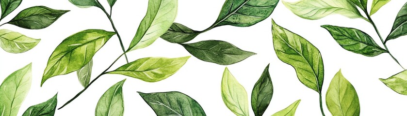 Various green leaves, detailed textures, white isolated background.