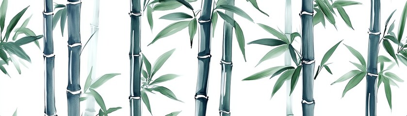 Vertical bamboo stalks with green leaves on a white isolated background.