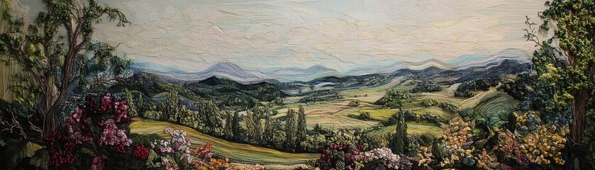 Vibrant countryside landscape with rolling hills and colorful flowers.