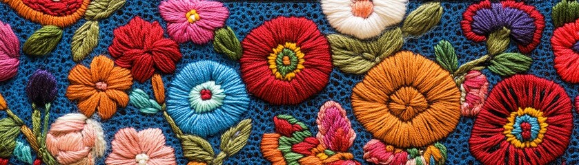 Vibrant floral embroidery on a dark background, showcasing intricate designs.