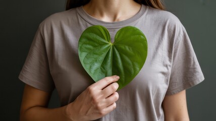 A person in a grey t-shirt holds a vibrant green, heart-shaped leaf to their chest, symbolizing love for nature, health, sustainability, and mindfulness against a dark, neutral background.