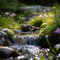 Fototapeta premium Mountain stream with wildflowers